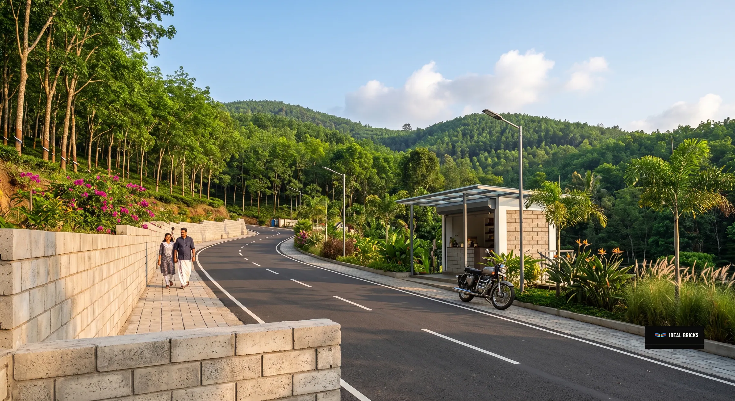 Cement brick retaining walls carrying a footpath along a curving hill road
