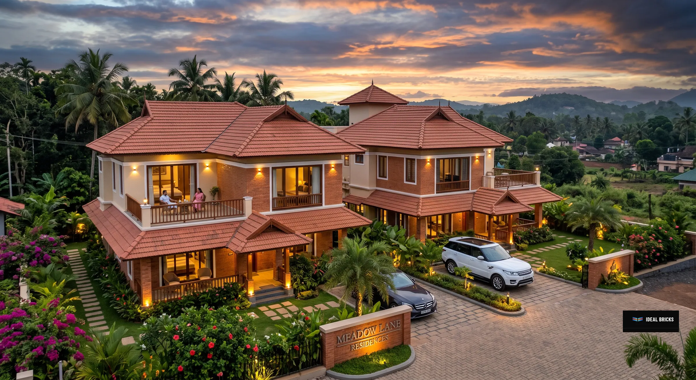 A tiled-roof house lit from within at dusk, above a paved drive