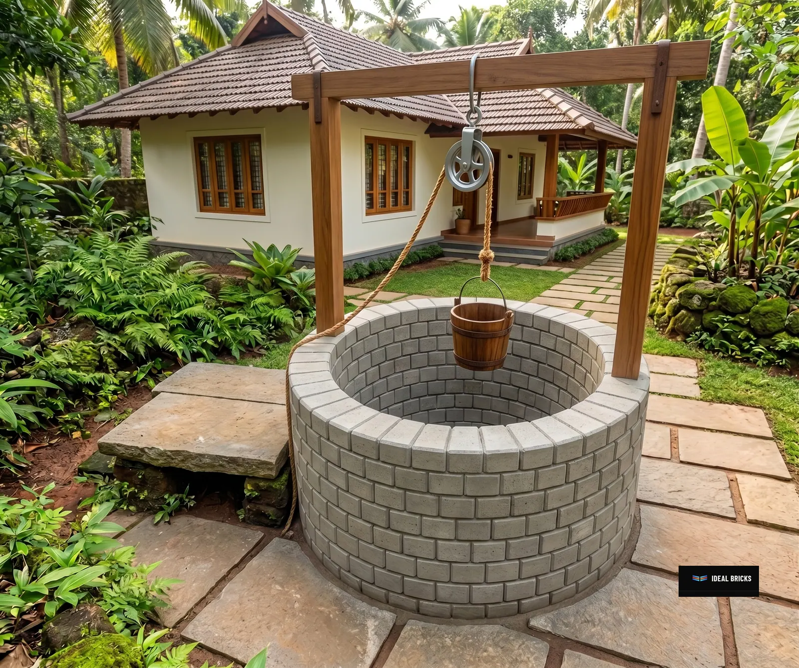 A circular well lined with grey cement brick, a pulley and bucket hung over the shaft
